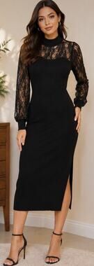 Black Lace Mock Neck Midi Dress Women’s Size Small Elegant Gothic Cocktail Dress